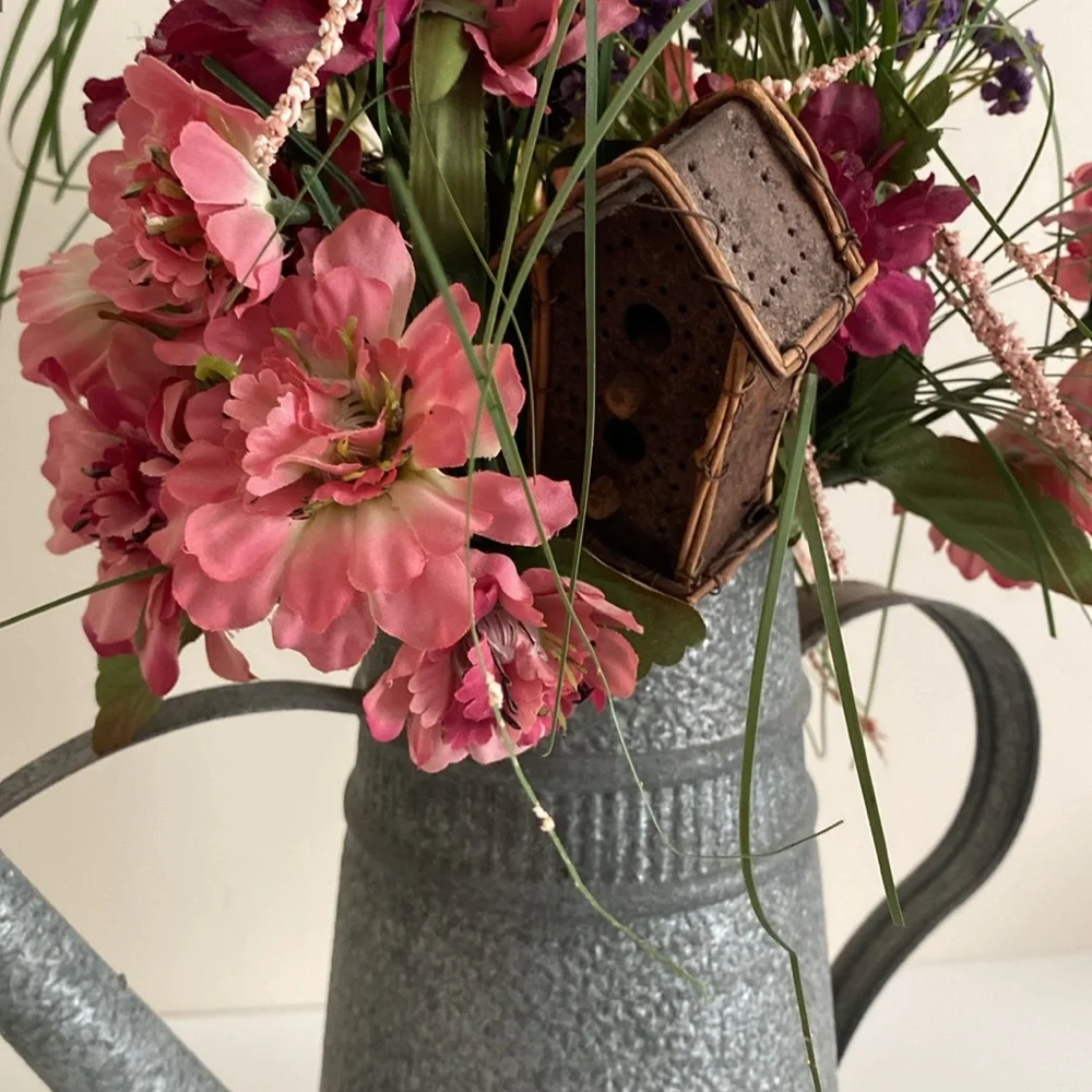 Vintage galvanized Watering Can with copper trim cottagecore Floral Arrangement